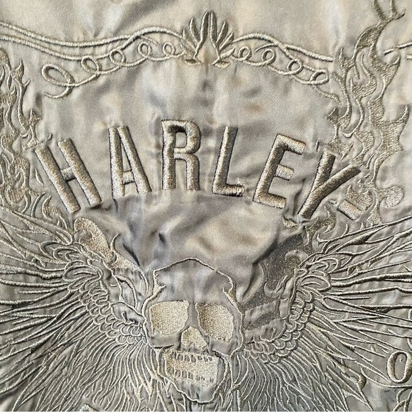 Harley Davidson Embroidered Skull Wings Satin Bomber Jacket Biker Moto Large - Picture 5 of 16